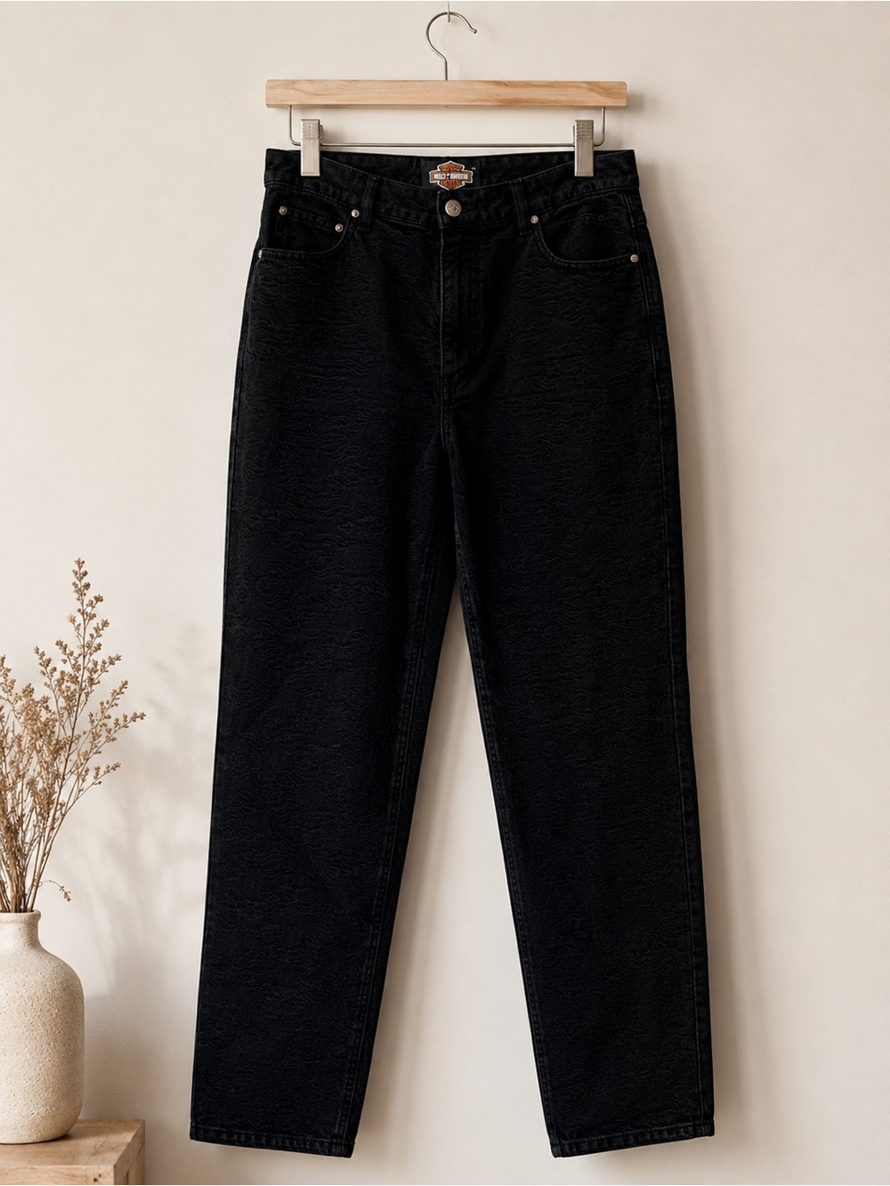 Vintage Harley-Davidson Black Embossed Logo Denim Pants - Women's Large